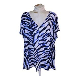 TORRID Blouse Top Plus Size 3 Blue White Peplum‎ Flutter Sleeve